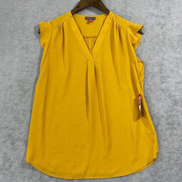 NEW Vince Camuto Womens XS V-Neck Flutter-Sleeve Golden Yellow Blouse Sheer - Picture 2 of 9